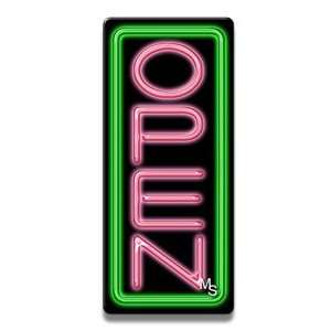   Vertical Neon Open Sign   Green Border & Pink Letters