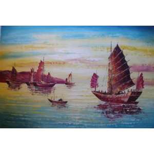   inch Seascape Art Oil Painting Hong Kong Fishing Boats