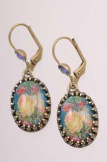   Authentic Floral Print Dangling Earrings w Brown Crystals  
