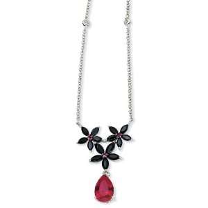  Sterling Silver Synthetic Ruby/Black CZ Floral 18 Inch 