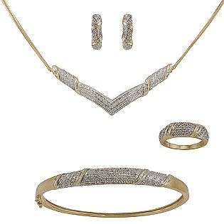 CTTW Diamond Bangle, Earring, Necklace and Ring Set in 14K Gold Over 