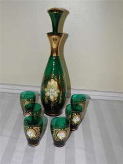 Bohemian or Italian Enamel Green Glass Gold Liquor Set  