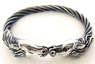 MUSTANG HORSE STERLING 925 SILVER & WIRE ROPE CUFF BANGLE BRACELET 