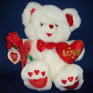 WHITE Teddy Bear LOVE 2001 Anniversary Red Velvet HEART FLOWERS Plush 