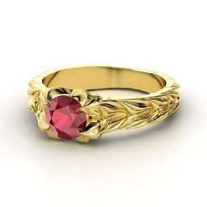  Rose and Thorn Ring, Round Ruby 14K Yellow Gold Ring 