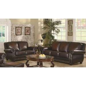 2pc Sofa Set with Nail Head Trim in Deep Brown Leather  
