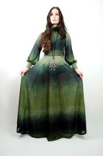 Vtg 70s Black Green OMBRE Semi Sheer POET SLEEVE Cosmic MAXI Dress XS 