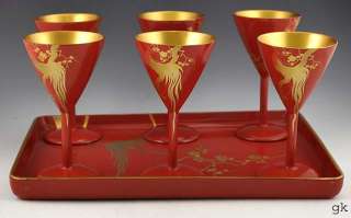 Red Japanese Lacquerware Tray & 6 Cups Gilt Bird Design  