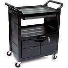 rubbermaid black utility cart with lockable doors and sliding drawer
