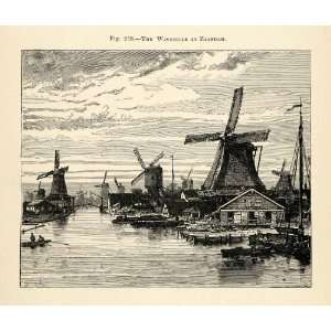  1882 Wood Engraving Windmill Zaandam Netherlands 