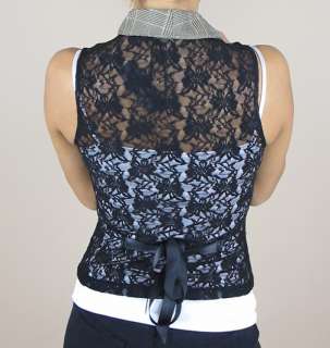 Chic Lace Back Waistcoat Plaid Pin Stripe Vest 2 Colors  
