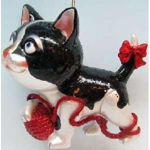  December Diamonds Black & White Glass Cat with Red Ball 
