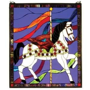 Carousel Tiffany Stained Glass Window Panel 24 Inches H X 20.5 Inches 