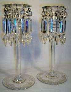   Etched Cut Glass Sinclaire Crystal Candle Holders Sticks Prisms  