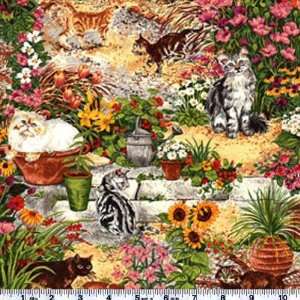  45 Wide Garden Cats Garden Scene Multi Fabric By The 