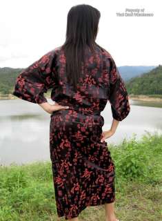 CHINESE SILK DRESSING GOWN Asian Script Black Red sz L  