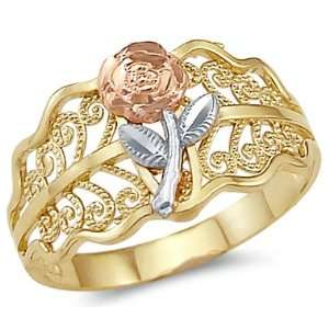   14k Yellow Tri Color Gold Ladies Flower Rose Leaf Ring Jewelry