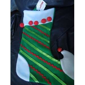 Green Elf Stocking adorned with Rick rack, ribbon, poms and bell Appx 