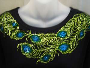   PEACOCK FEATHER Scoop Neckline Top~ Sparkle Bling Shirt  