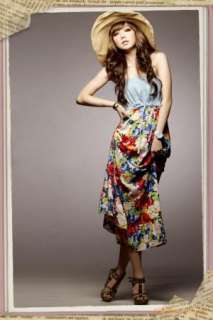 Womens Boho Floral Print Strapless Summer Dress 5568#  