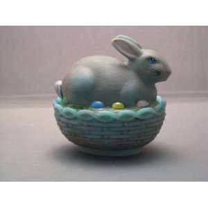   Painted Blue Delphite Glass Bunny Rabbit on Basket 