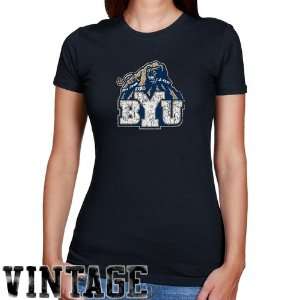  NCAA BYU Cougars Ladies Navy Blue Distressed Logo Vintage 