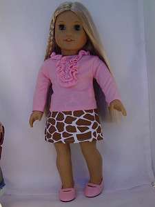Doll Clothes Pink Shirt Giraffe Print Skirt Pink Shoes fit American 
