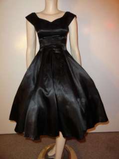 Vintage Black Satin 50s Full Circle Bombshell Party Dress Pin Up 
