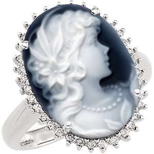   White Gold Victorian Woman Black Agate Cameo and Diamond Ring, Size 14