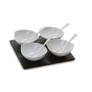 Serving Set   4 Porcelain Bowls and Spoons with a Slate Tray / Serving 