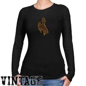 Wyoming Cowboys Ladies Black Distressed Logo Vintage Long Sleeve Slim 