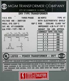 MGM Transformer Company HT112A3B2SH Dry Transformer 112.5 KVA  