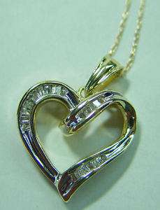 Diamond Heart Pendant. Baguette Open Heart w/ Chain.10K  