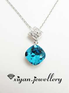   Swarovski Blue Crystal Cushion Cut Sapphire Necklace and Earring Set