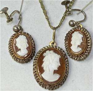 VINTAGE ANTIQUE 800 SILVER CAMEO NECKLACE EARRING ITALY  