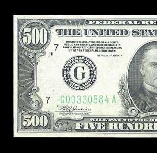 1934a $500 FEDERAL RESERVE NOTE CHICAGO GEM ALMOST UNC.  