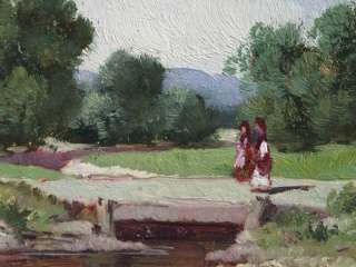 Ungarische Landschaft mit Frauen am Fluss. Sign.  