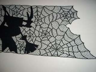 BLACK LACE SHEER WALL HANGING WITCH HALLOWEEN BROOM 30 X 11 1/2 