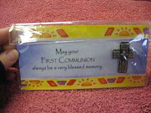 First Communion Pewter Cross Pin new in Package Gift  