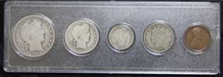 1909 5 Coin U.S. Year Set w/Silver Barber Half, V Nickel, Lincoln VDB 