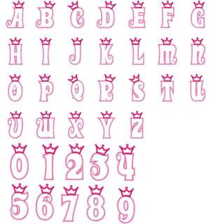26 princess crown letters and 10 numbers machine embroidery designs