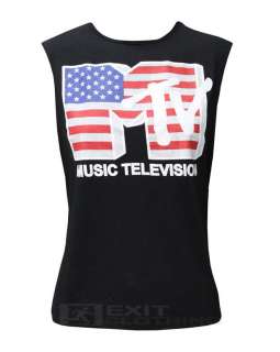 New Ladies Womens Printed MTV American Flag Vest Top Black White Sizes 
