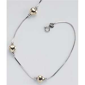  14k White Snake Ankle Bracelet with Yellow Gold Hearts 