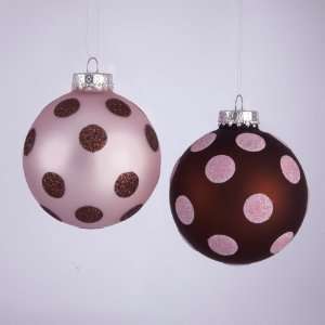 Pack of 24 Pink & Brown Polka Dot Glass Ball Christmas Ornaments 3.25