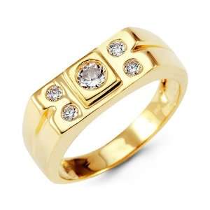    Mens 14k Yellow Gold Round CZ Rectangular Crown Ring Jewelry