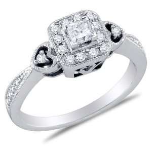 Size 5.5   14K White Gold Diamond Heart Halo Style Engagement Ring 
