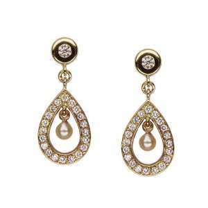  18K yellow gold earrings, drop diamond pave with Akoya 