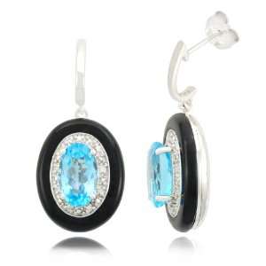  10k White Gold Oval Drop Blue Topaz Onyx Diamond Earrings 