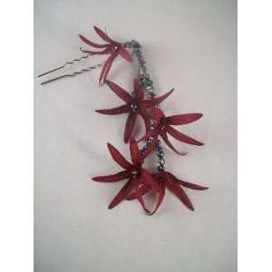  Red Orchid and Silver Freshwater Pearl Hair Pin 