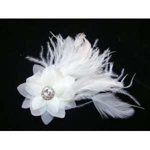   White Flower with Ostrich Feathers Hair Flower Clip 